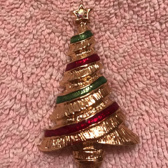 Jewelry - CHRISTMAS VTG Christmas Tree Gold Tone w/Red+Green